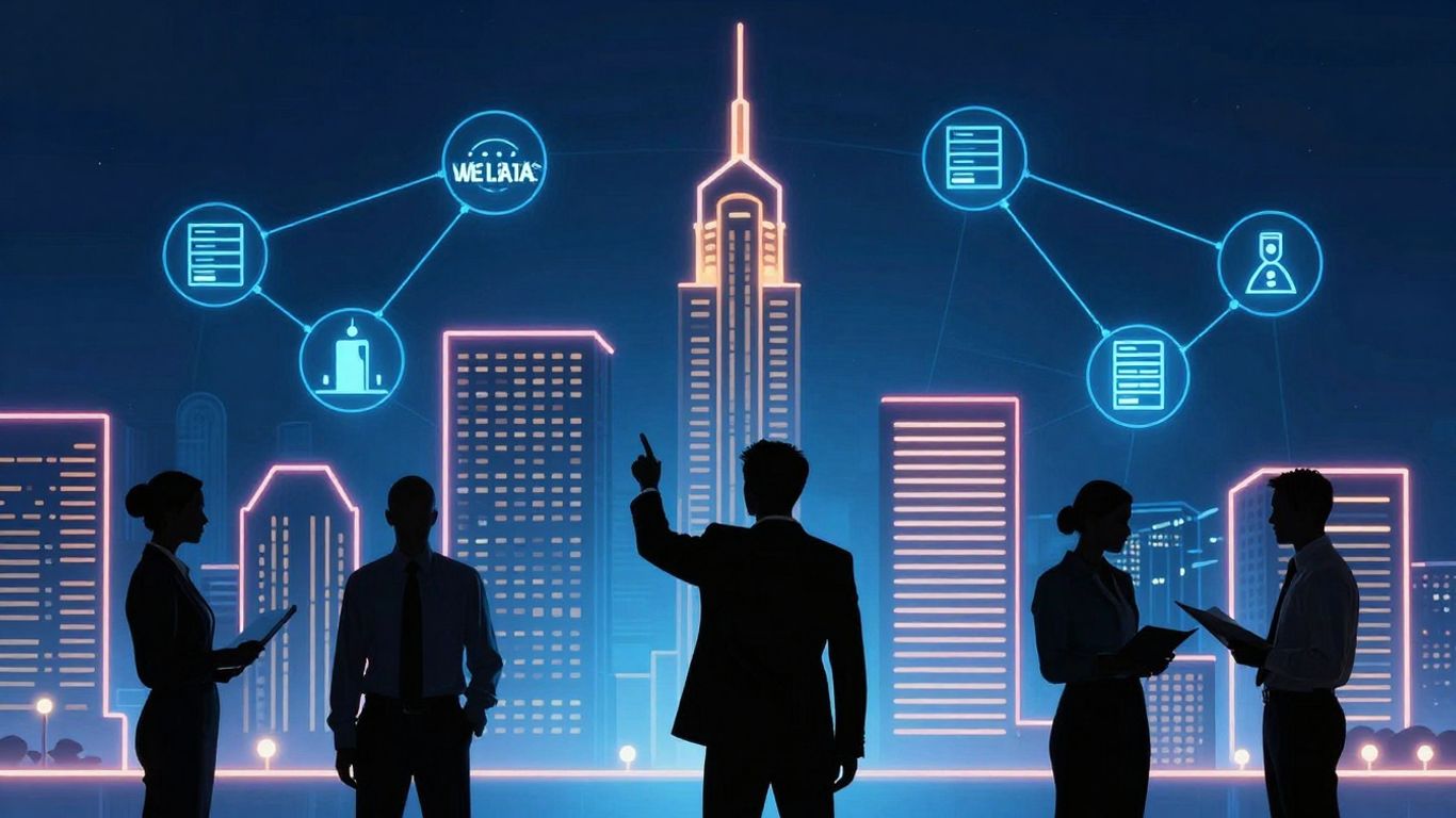 Las Vegas skyline with business professionals and digital connections.