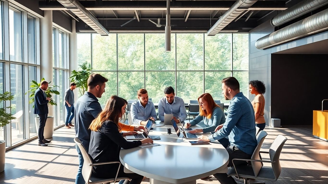 Modern office collaboration with people and digital interfaces.