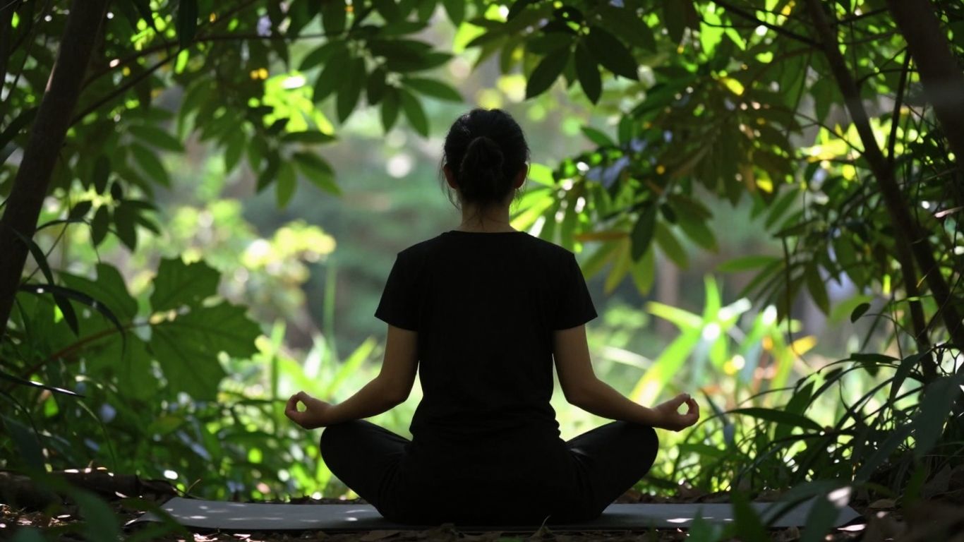 Person meditating peacefully in a sunlit, green natural setting.