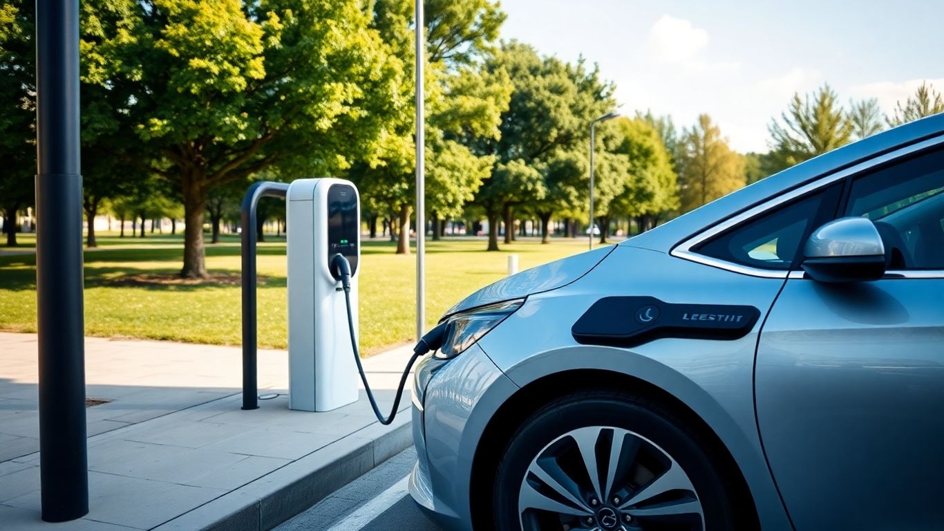 Voiture électrique branchée à une borne de recharge urbaine.