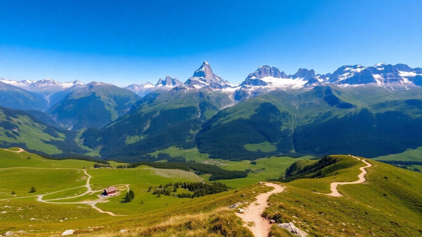 Panoramaweg in der Schweizer Berglandschaft mit Gipfeln und Tälern.
