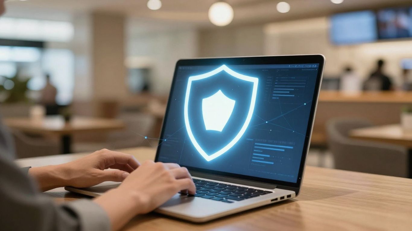 Secured laptop on public Wi-Fi, protected from hacking.