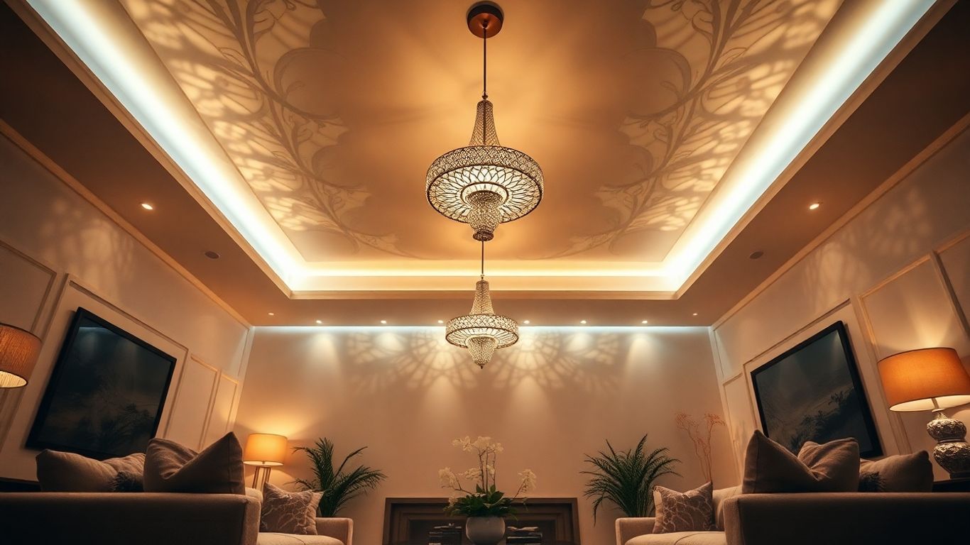 Stylish ceiling light fixtures illuminating a modern living room.