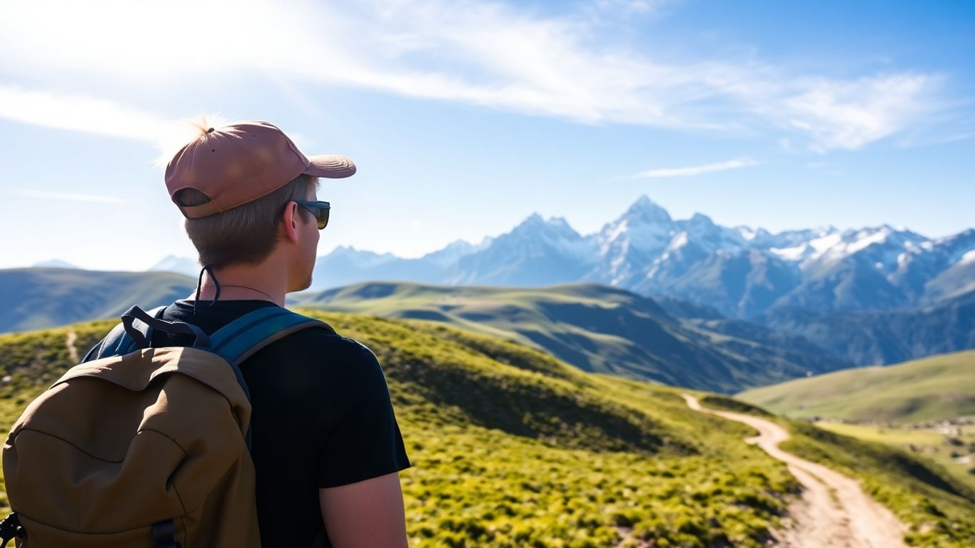 Backpacker views vast Patagonian mountains and green hills.
