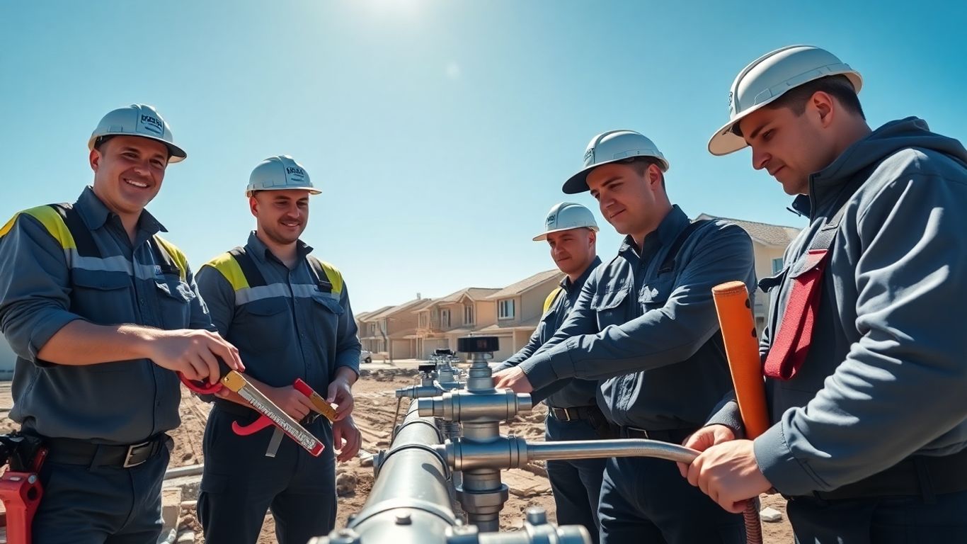 Plumbers working together on a busy construction site