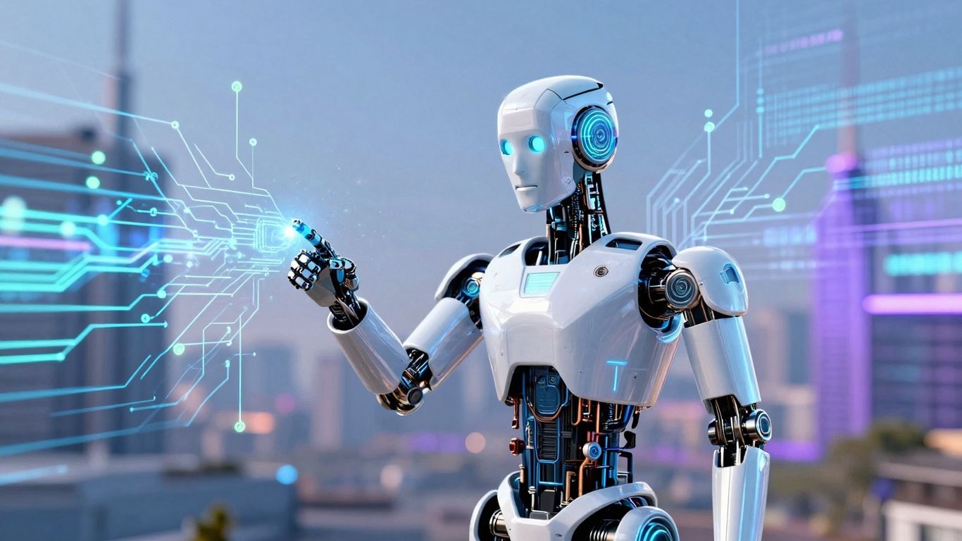 AI agent infographic with robot and digital circuits.