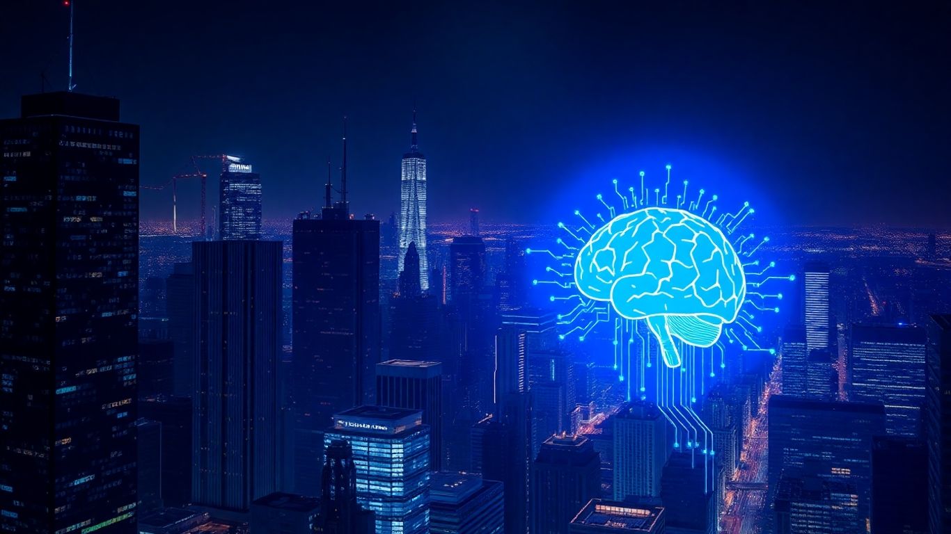 Futuristic cityscape with glowing code and abstract brain.