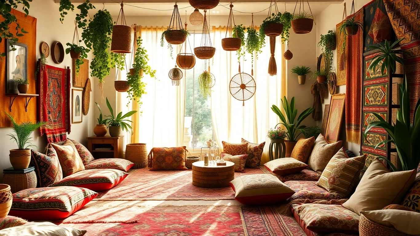 Bohemian living room with eclectic decor and plants.