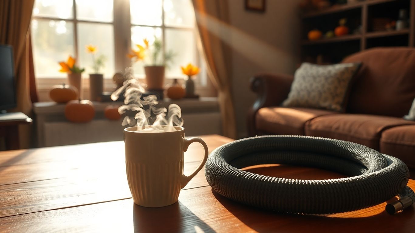 Cozy autumn living room with steaming mug and garden hose.
