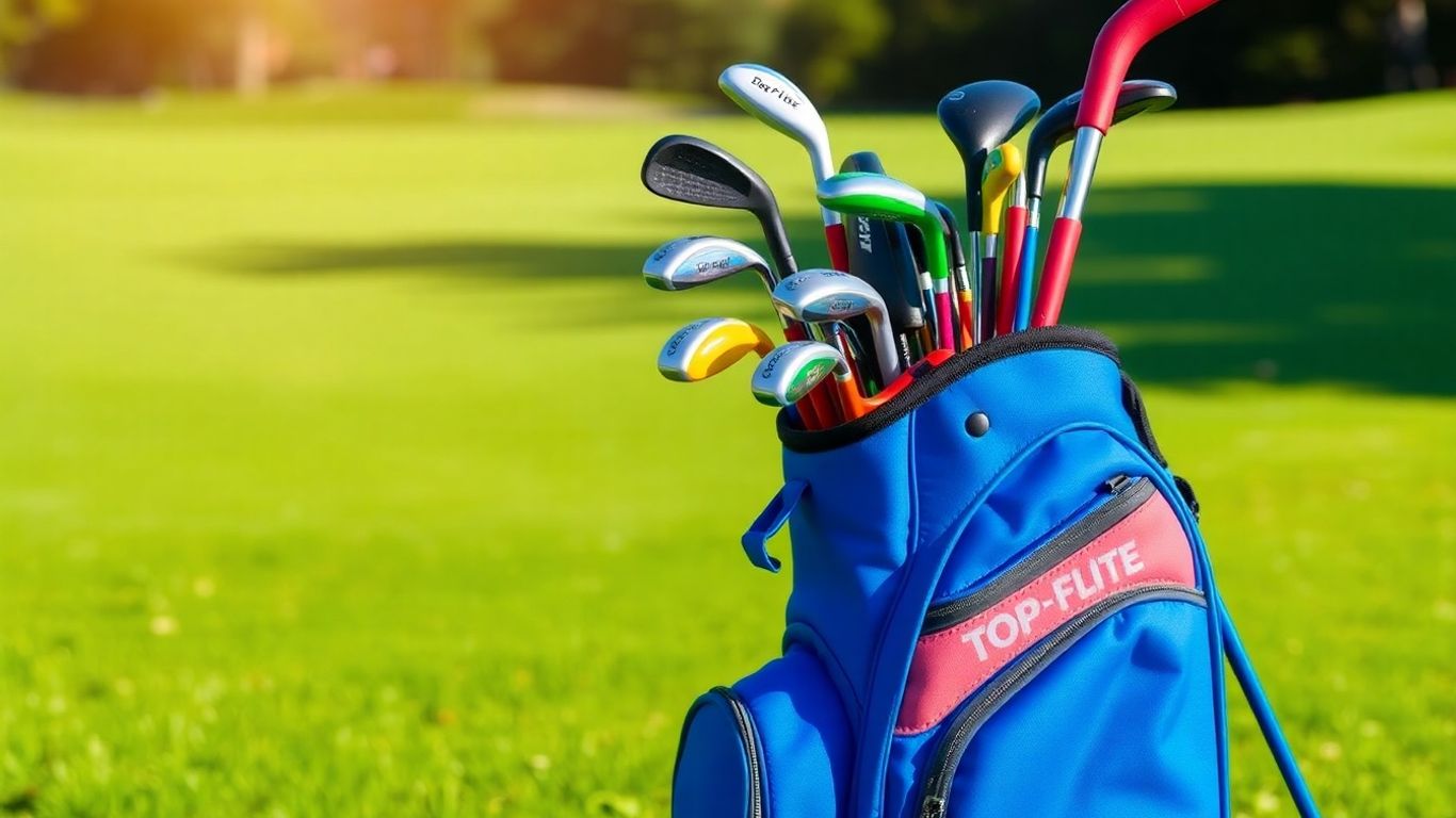 Blue Top Flite junior golf stand bag with clubs on grass.