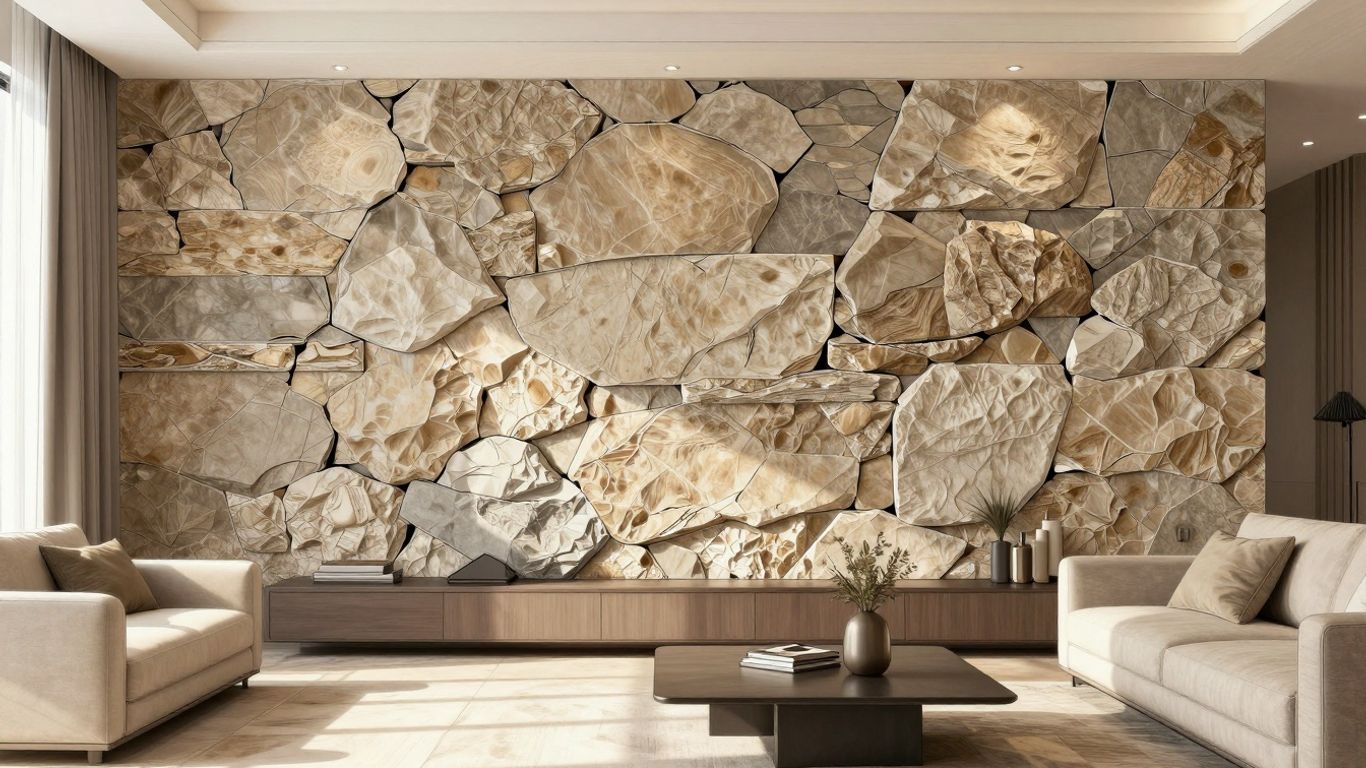 Sketch of rock tile accent wall in a living room.