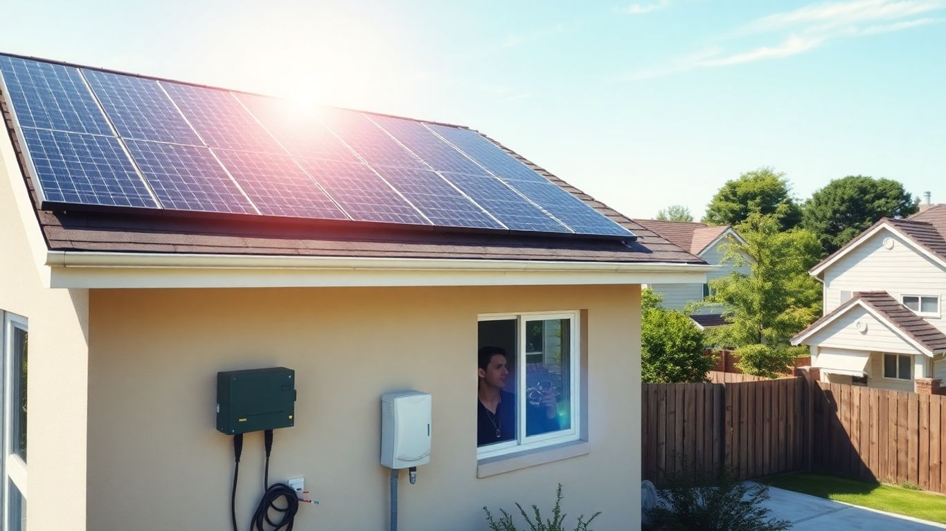 Maison avec panneaux solaires et raccordement électrique visible