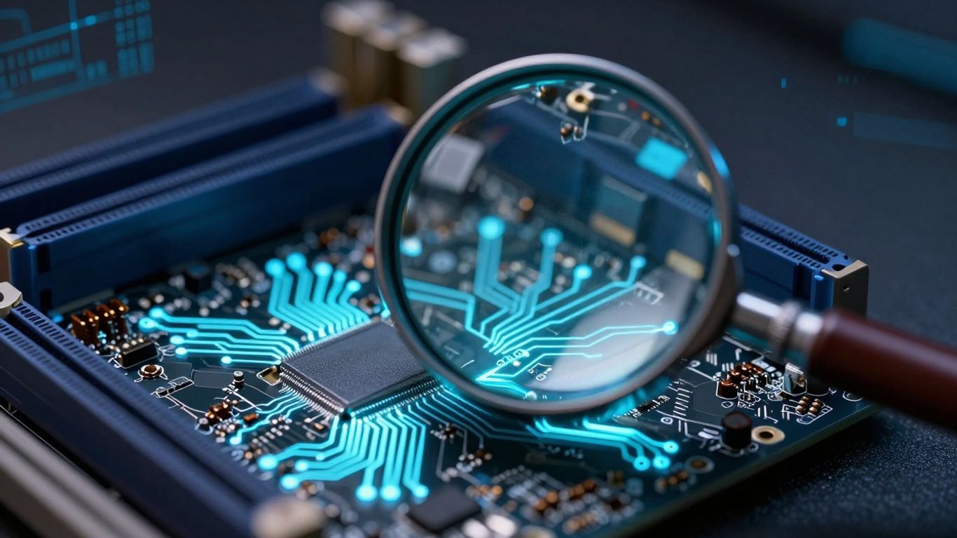 Digital forensics investigation on a computer motherboard.
