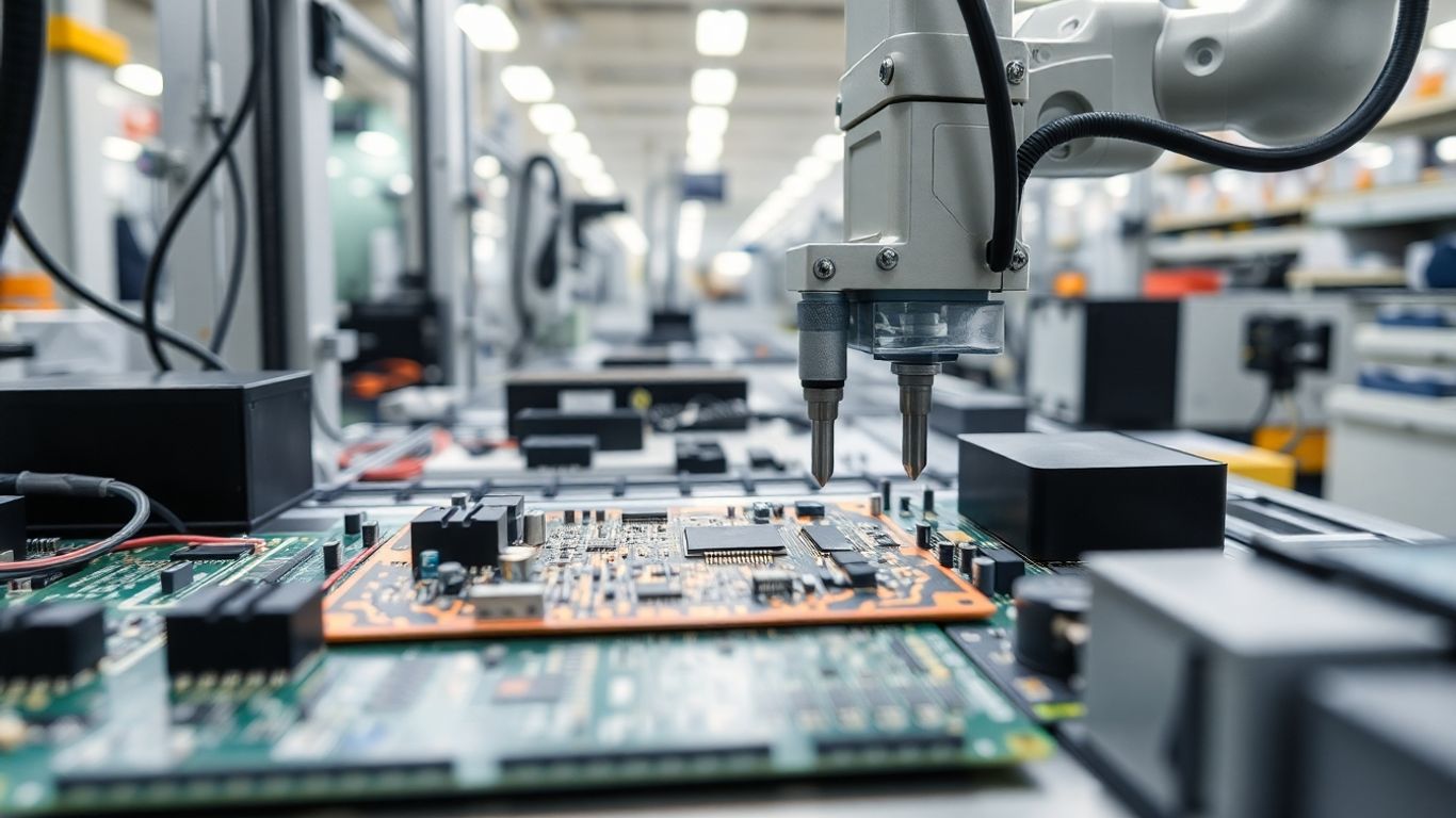 Robotic arm assembling a printed circuit board.