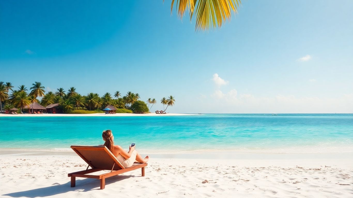 Słoneczna plaża z turkusową wodą i palmami.