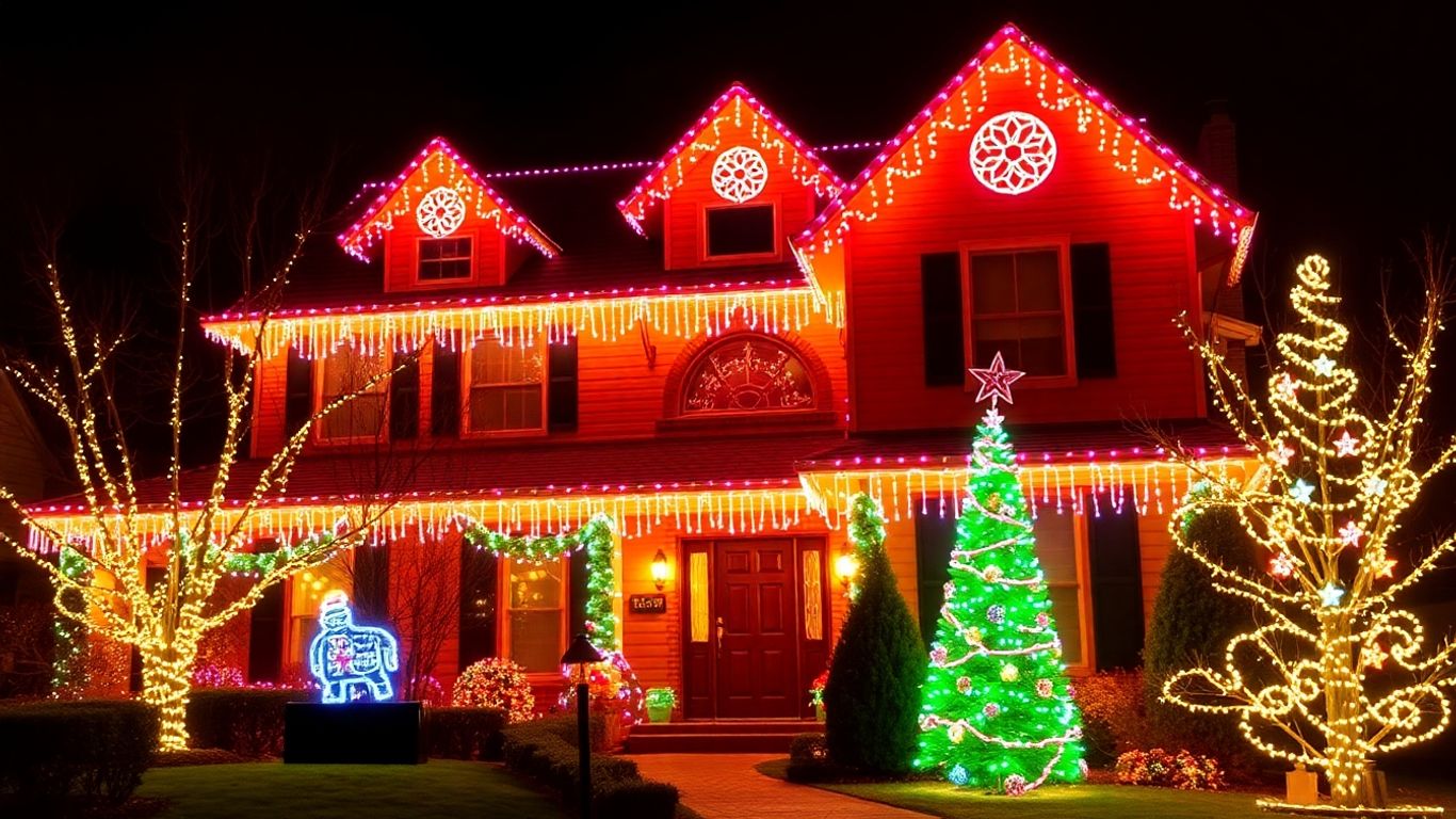 Kirkwood house decorated with bright Christmas lights.