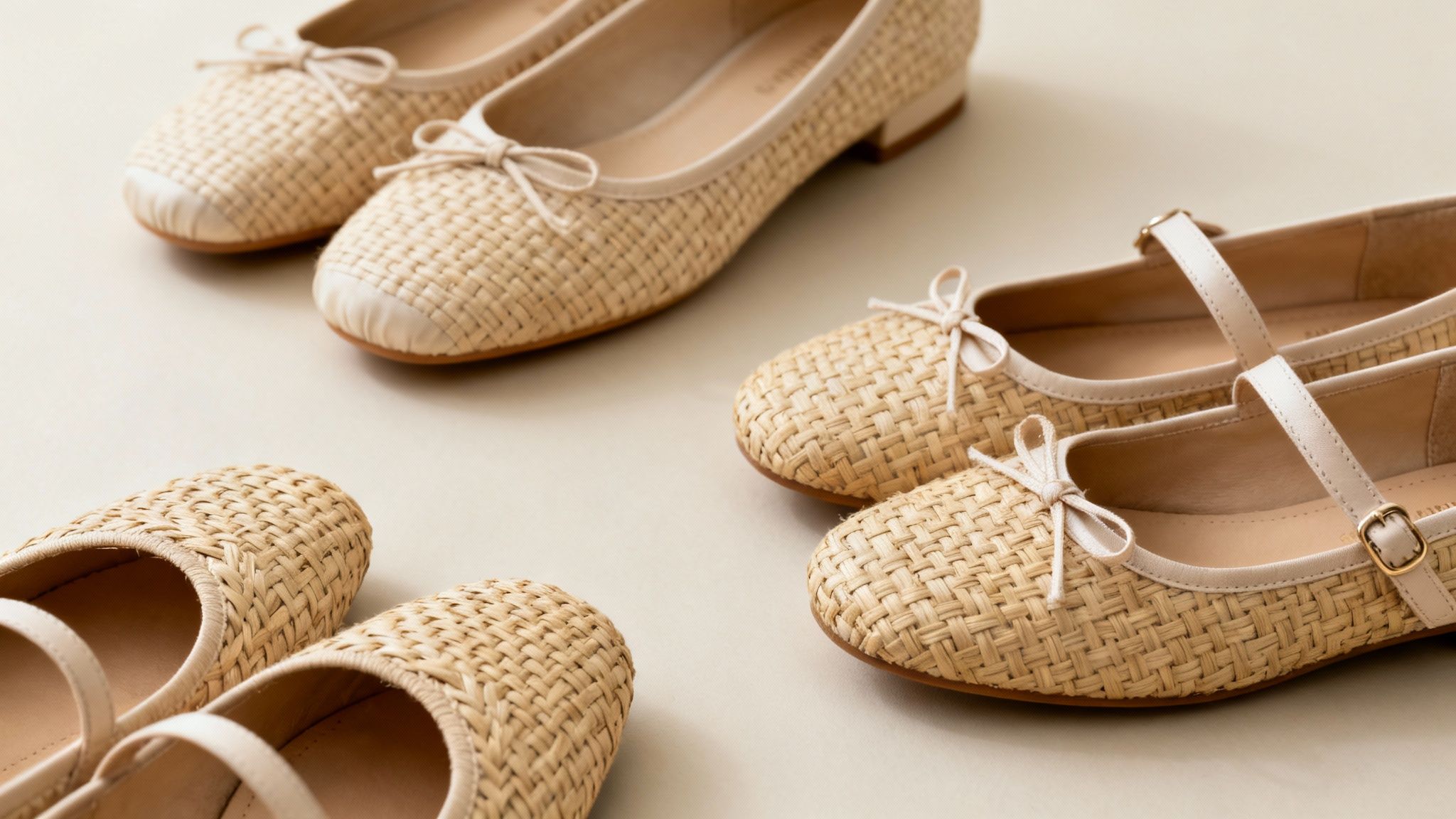 Ballet flats and Mary Janes with woven textures and classic straps.