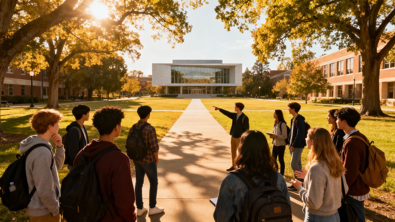 Students exploring a university campus, considering their future.