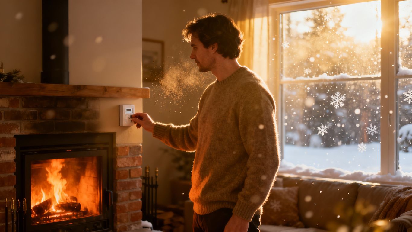 Cozy living room with fireplace and snow outside window.
