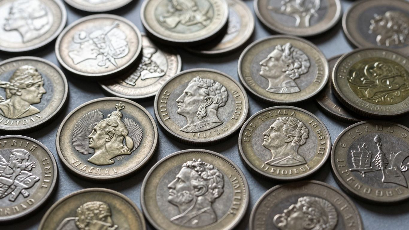 Collection of rare and common coins with detailed designs.