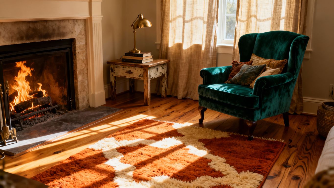 Cozy living room with warm hardwood floors and fireplace.