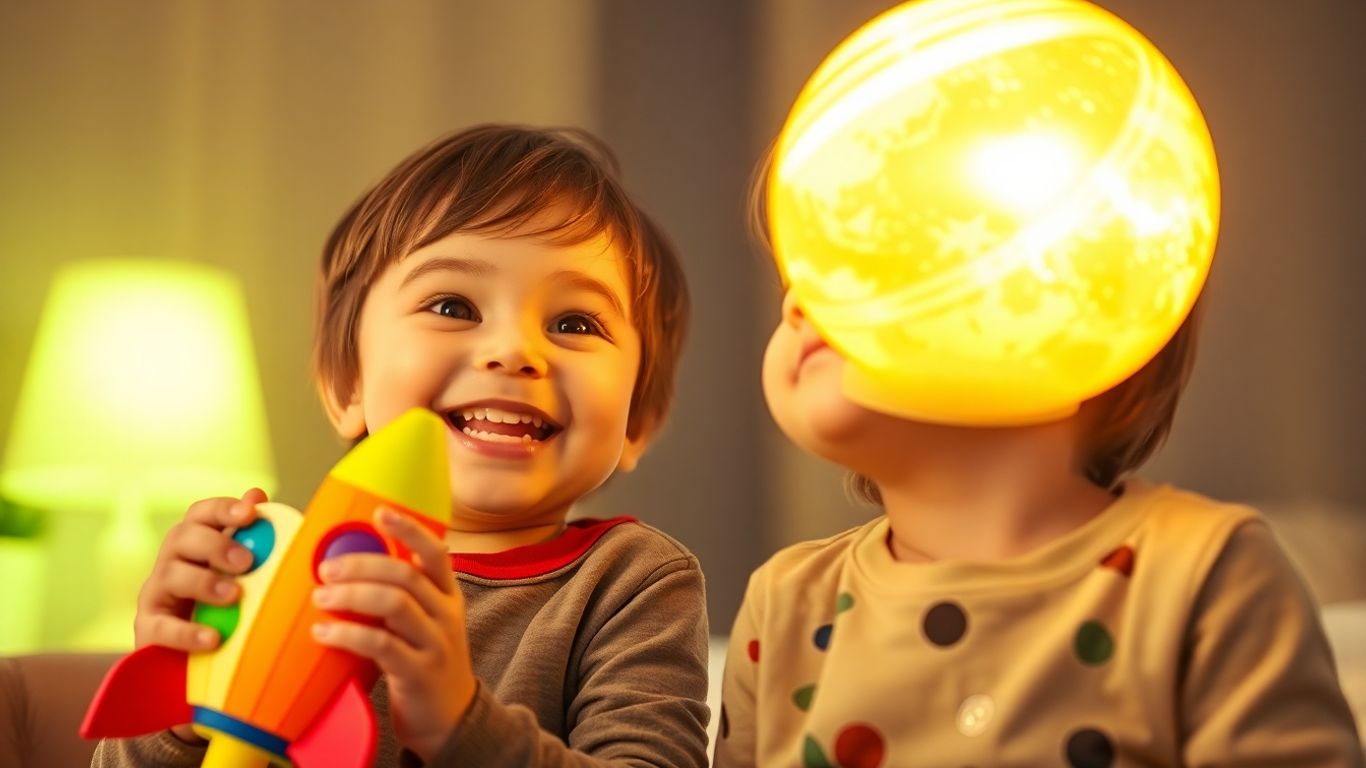Child happily holding space toy and looking at planet night light.