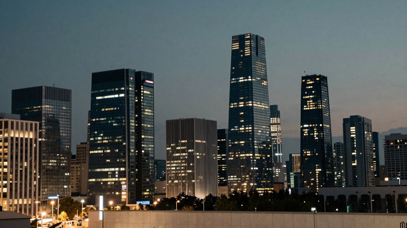 Cityscape at dusk with illuminated skyscrapers.