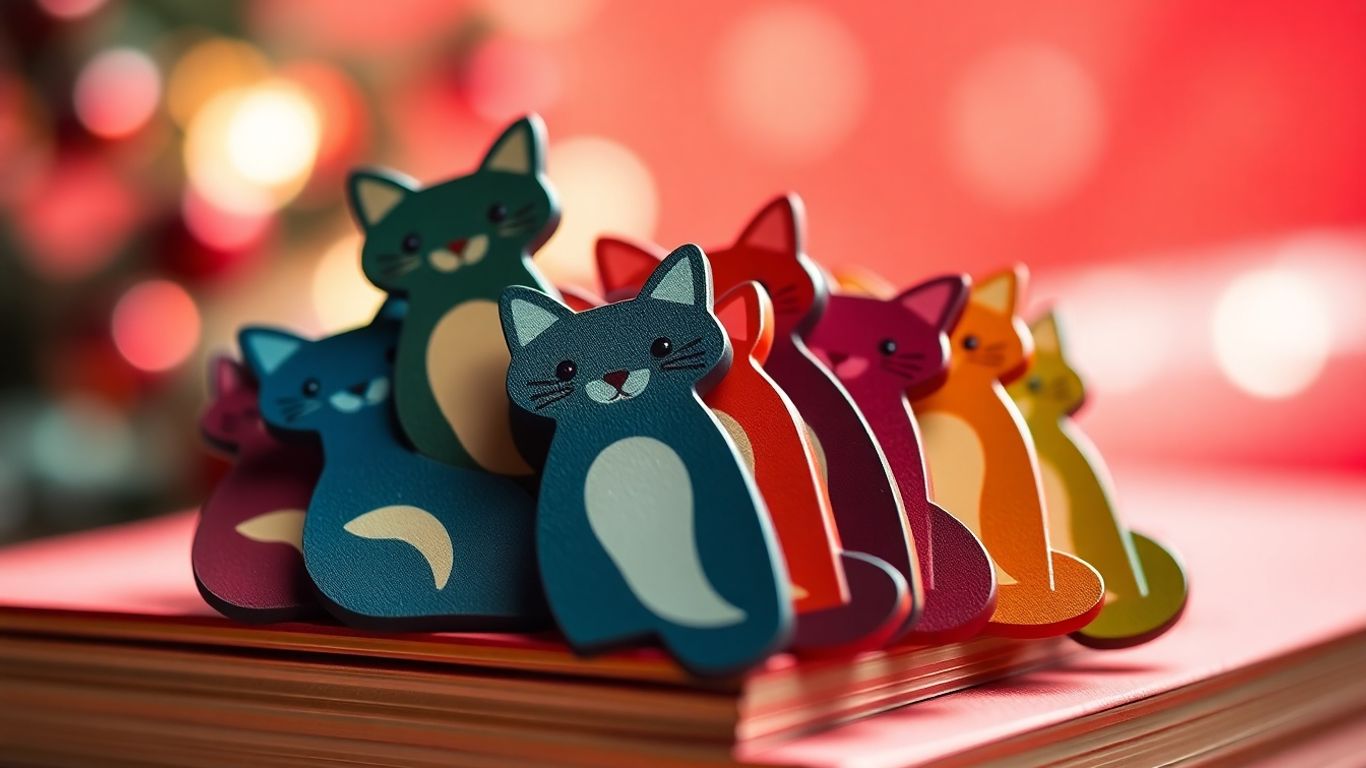 Cat-shaped magnetic bookmarks for a Christmas advent calendar.