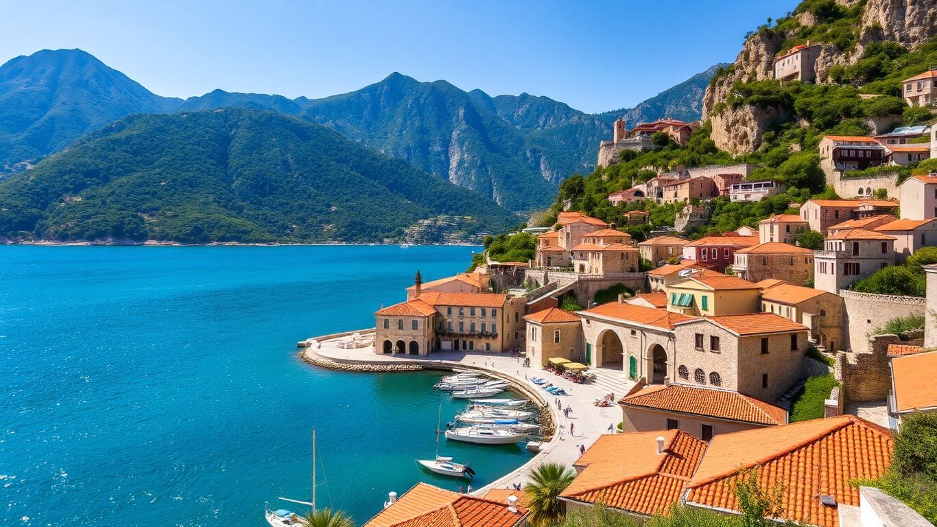 Scenic view of a Montenegrin coastal town with mountains and sea.
