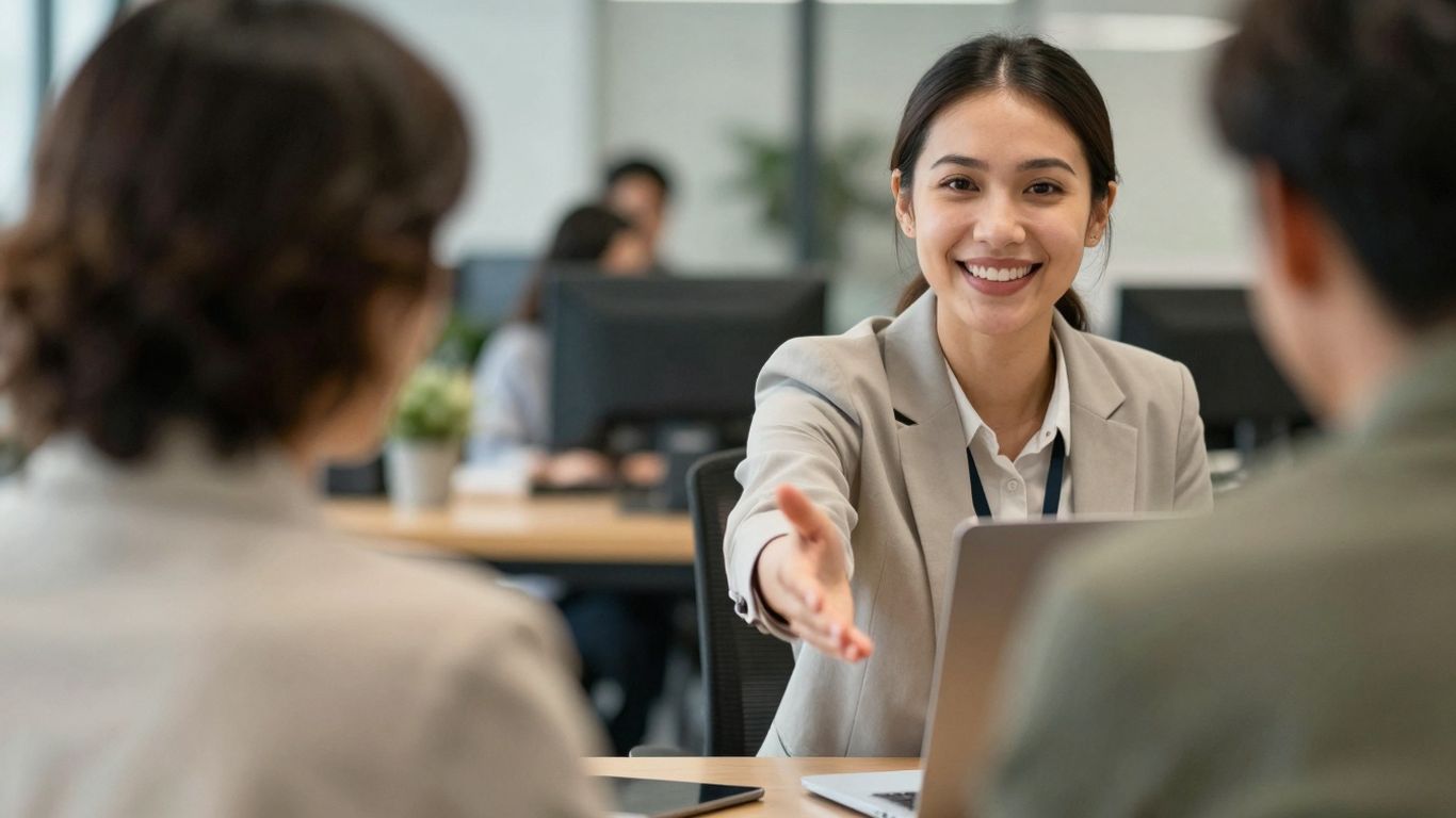 Salesperson and customer in a positive, caring interaction.