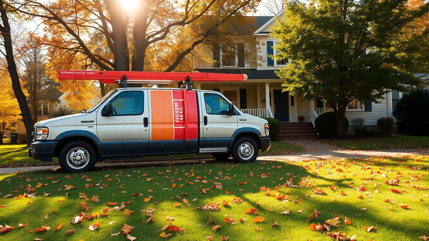 Contractor truck outside a house in fall.