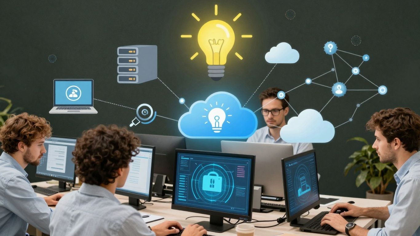 Small business IT solutions infographic with tech icons.