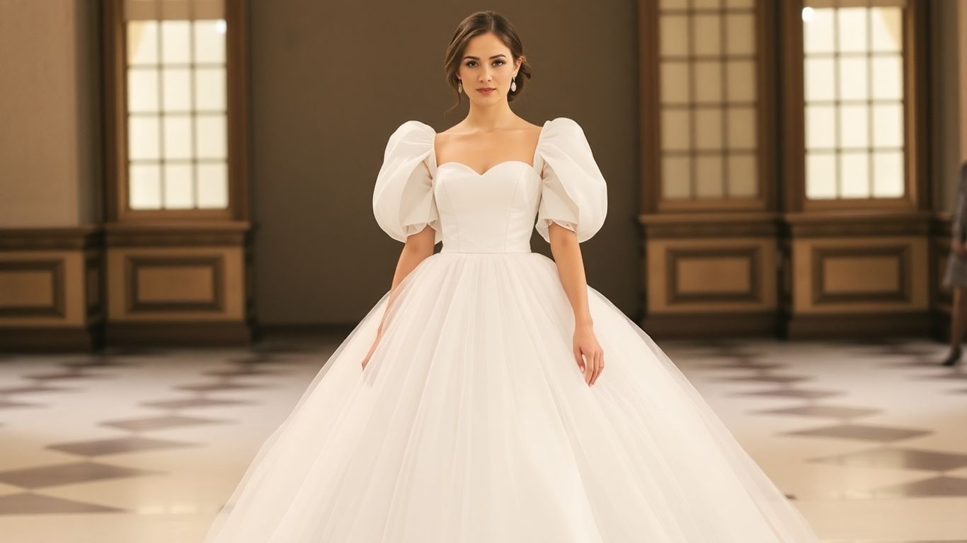 Long sleeve tulle ball gown with square neckline and puff sleeves.