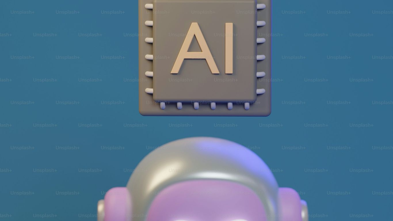 A robot with a circuit board highlighting "AI" technology.