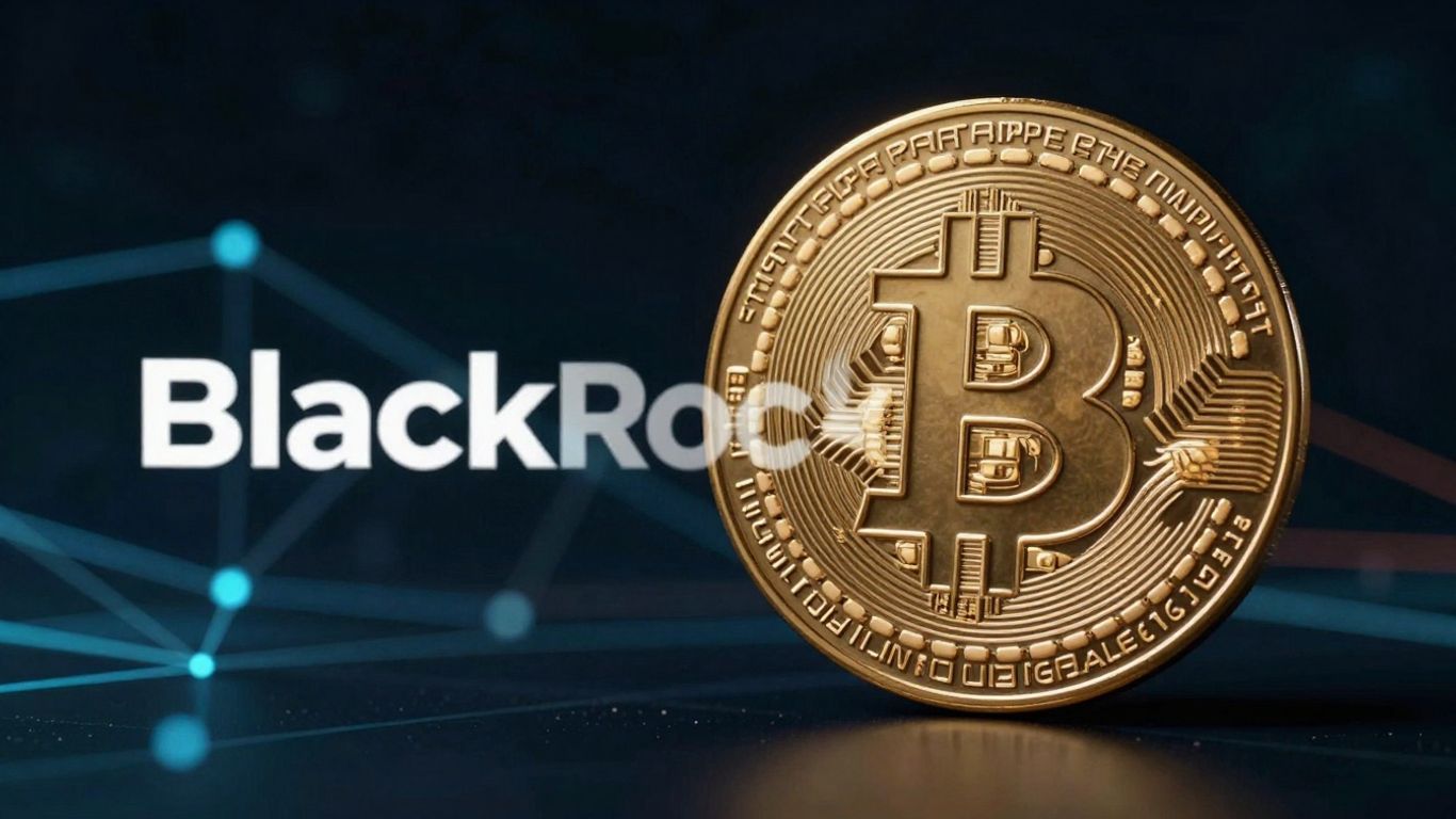 BlackRock logo with Bitcoin and digital network background.