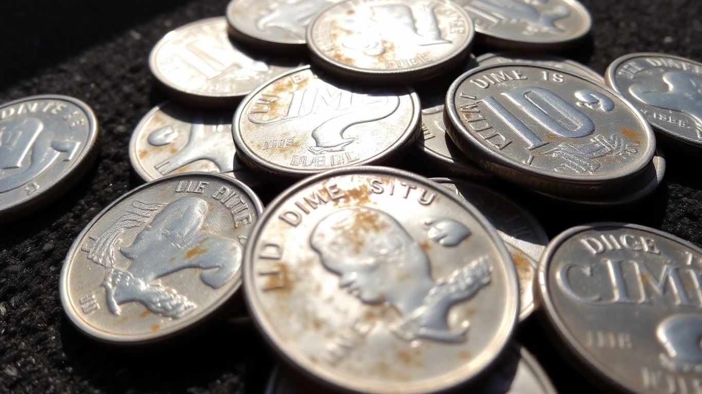 Pile of old silver dimes on a dark surface.