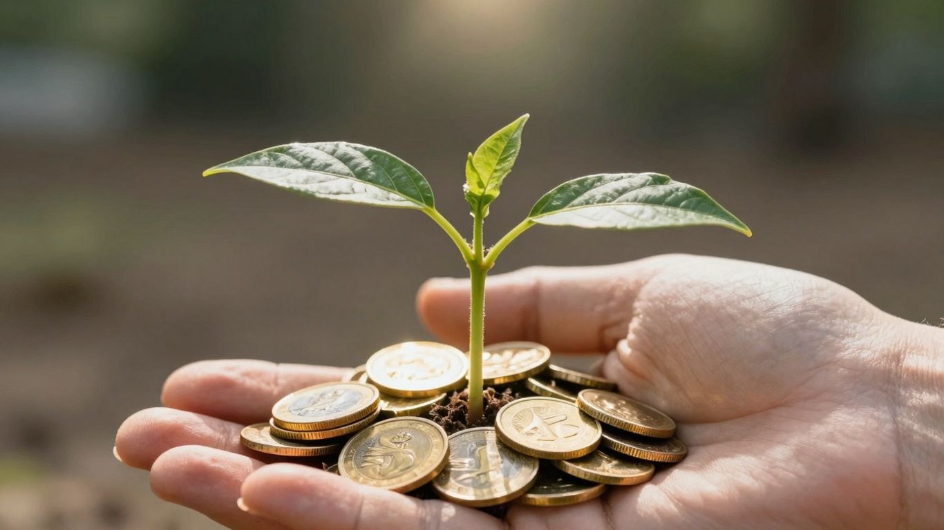 Plant growing golden coins, symbolizing financial growth and investment.