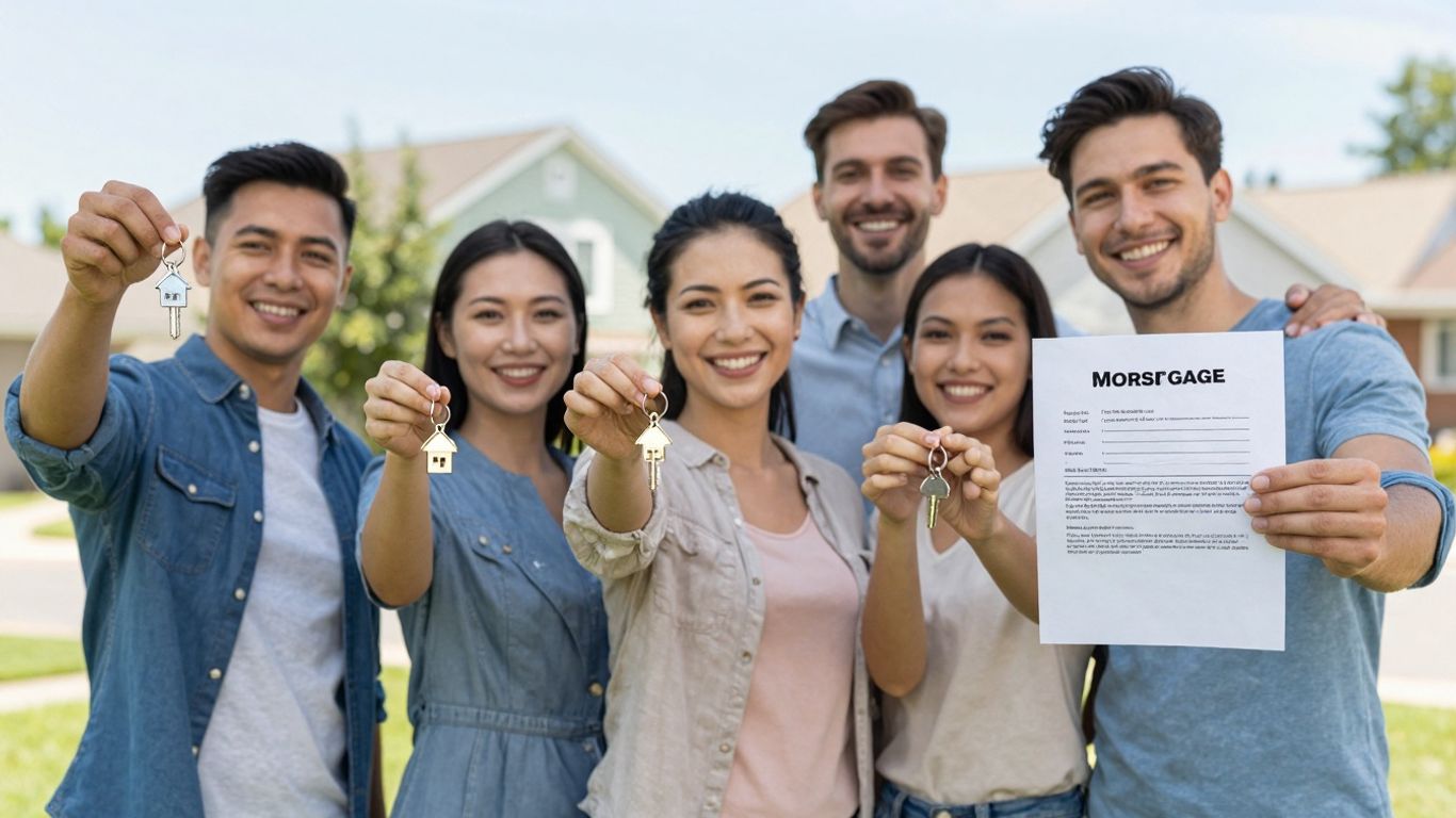 Happy homebuyers holding keys outside a new house.