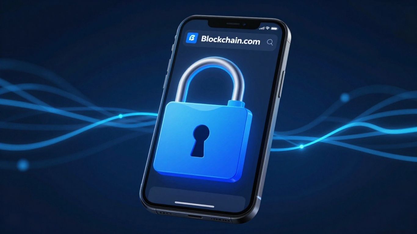 Smartphone with Blockchain.com app and digital padlock.
