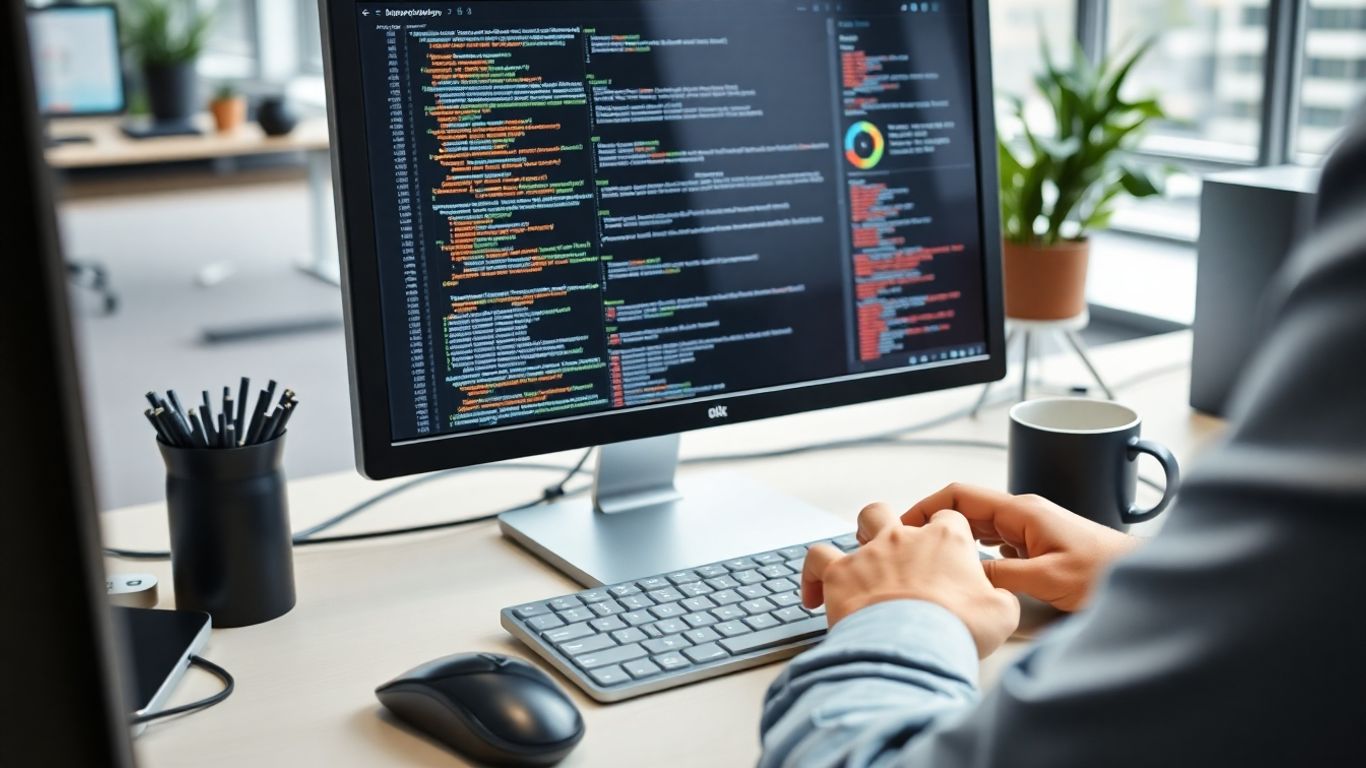 Programador trabajando en ABAP en una oficina moderna.