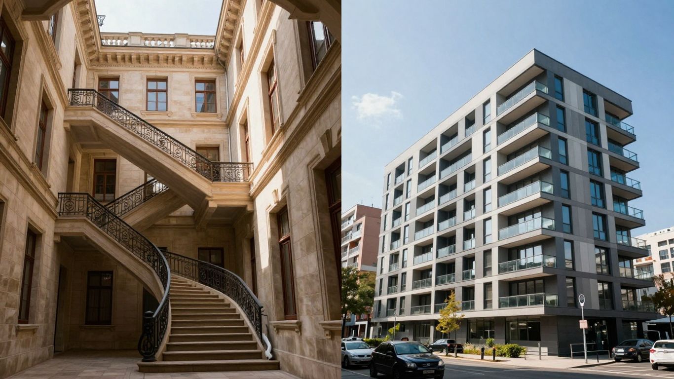 Old leasehold building versus modern apartment complex.