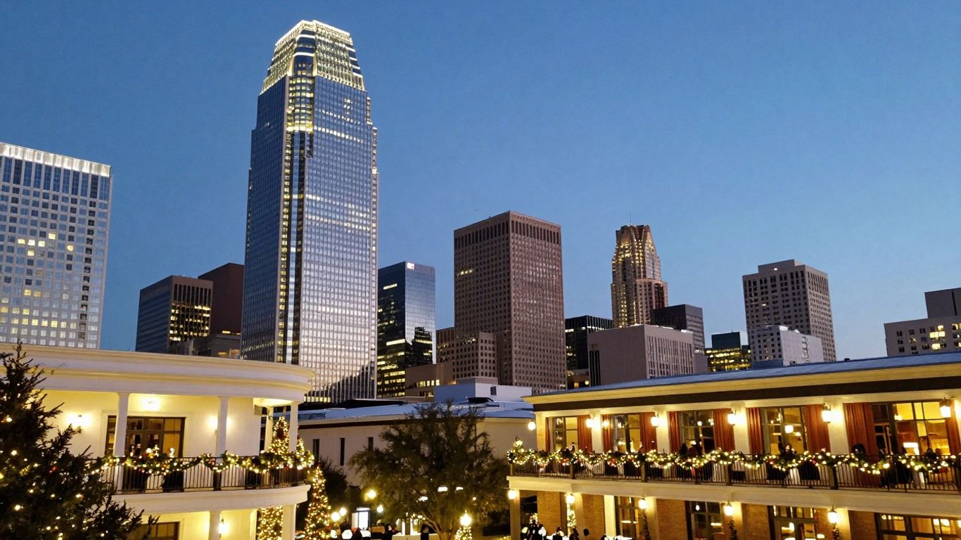 Dallas skyline with festive holiday event venues at dusk.