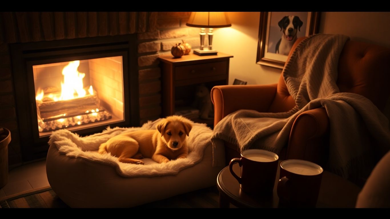 Cozy home scene with dog bed, fireplace, and blanket.