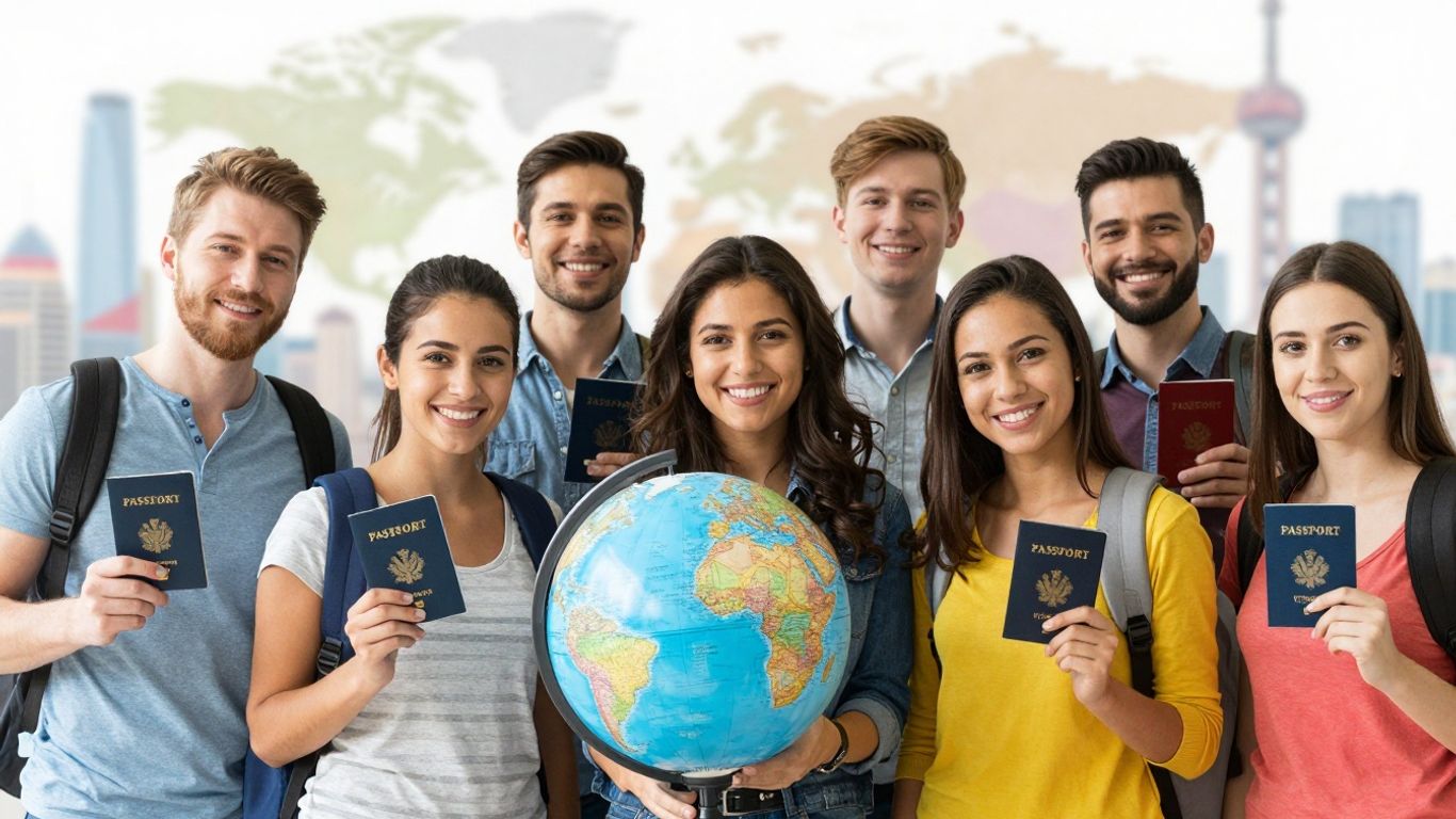 Students with passports and globes, international landmarks background.