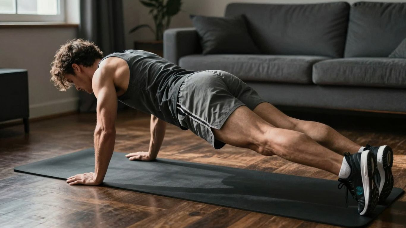 Person doing a burpee exercise at home.