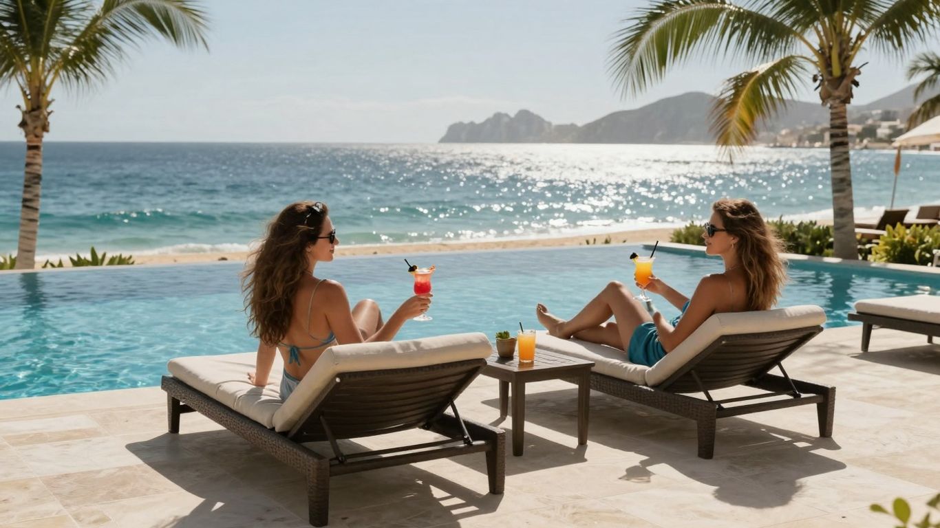 Luxury resort pool in Cabo with ocean view and cocktails.