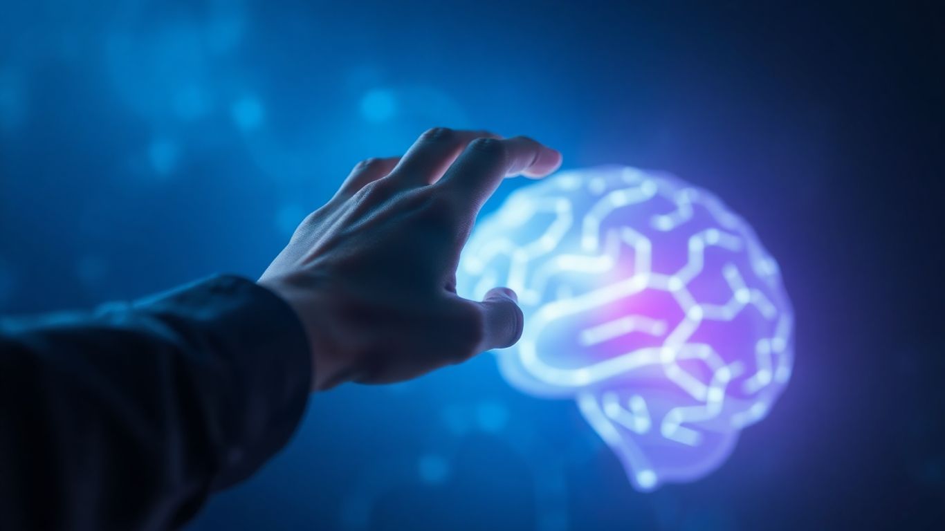 Person interacting with a futuristic AI brain.