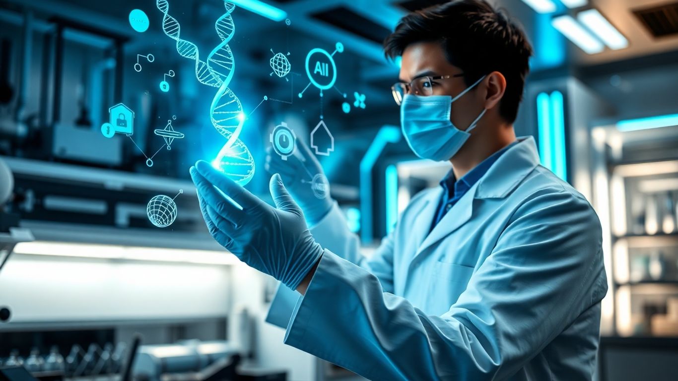 Scientist using AI for gene-editing breakthroughs in laboratory.