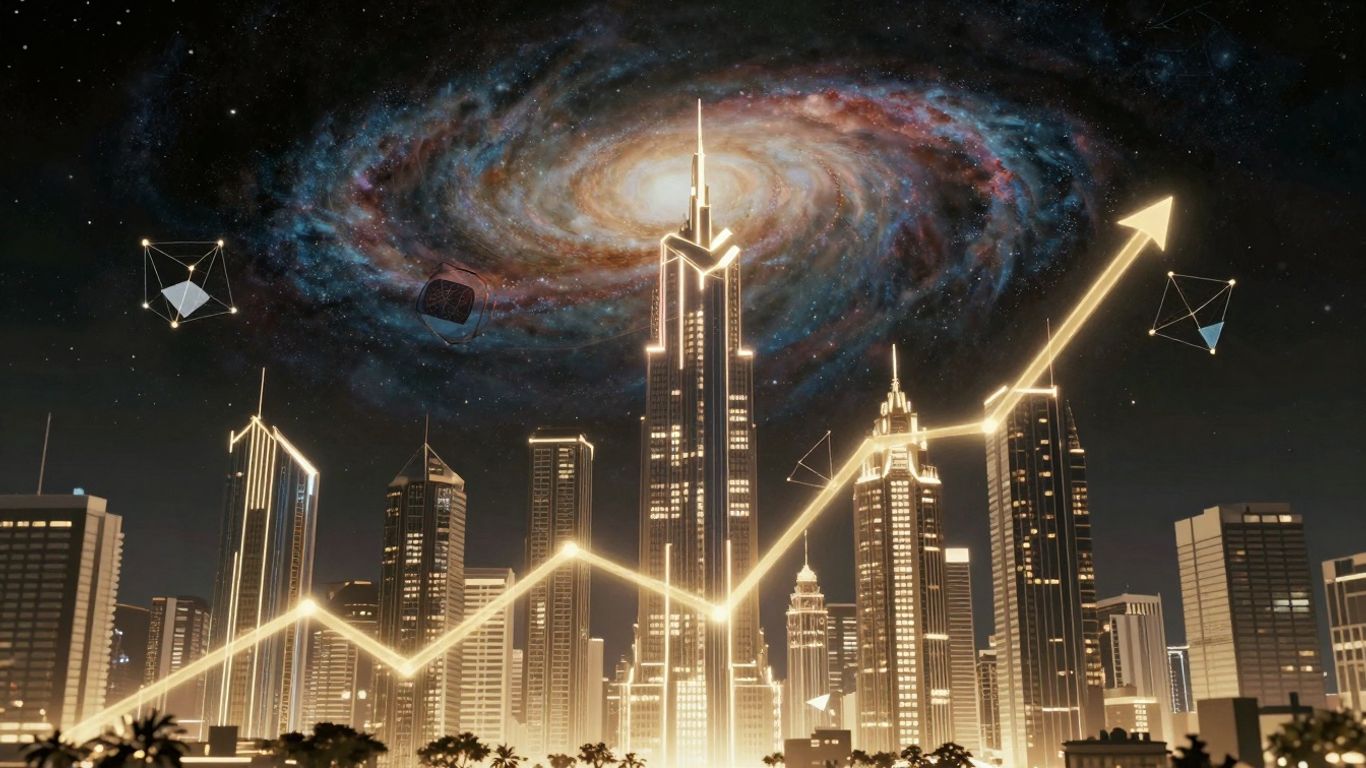 Futuristic cityscape with digital streams and galaxy.