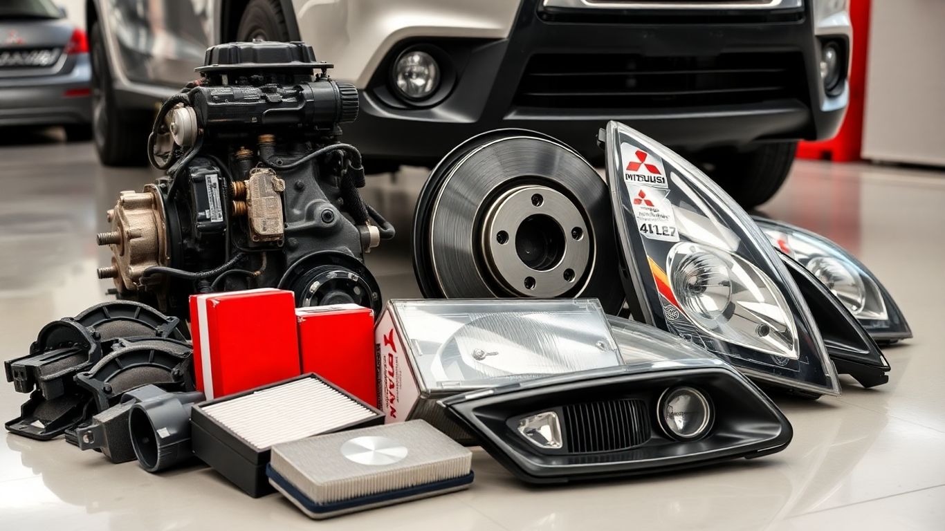 Assorted Mitsubishi used car parts with vehicle background